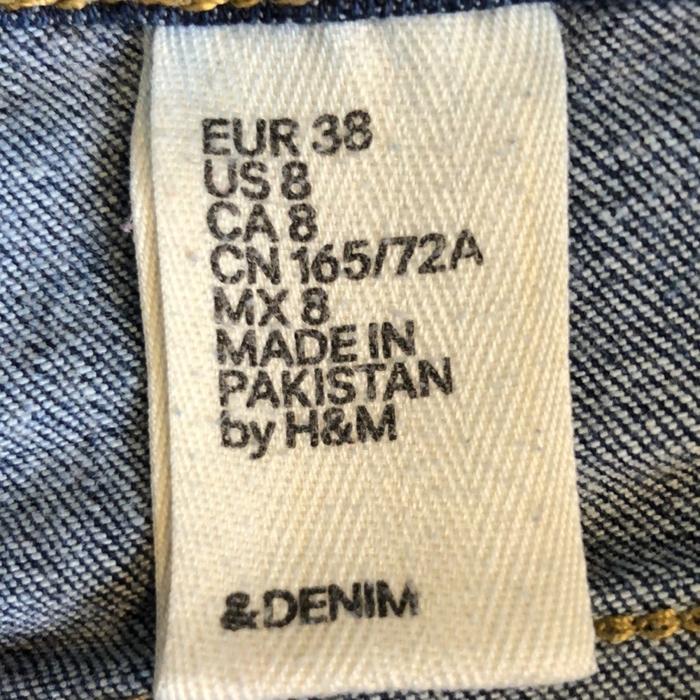 H&M women's blue/navy denim shorts with patchwork details and frayed hem Size 8 - Picture 7 of 9